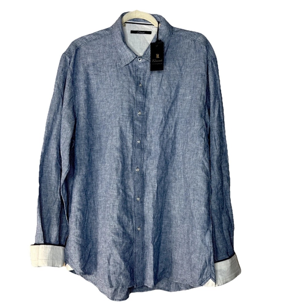 7 DIAMONDS Men's' Pearl Snap Shirt XXL Blue Stripe Long Sleeve NWT Linen Blend